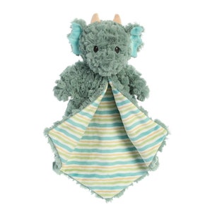 May include: A plush green dragon-shaped security blanket with a striped pattern in shades of blue, green, and yellow. The dragon has small horns and ears, and a soft, textured body. The blanket is designed for comfort and security.