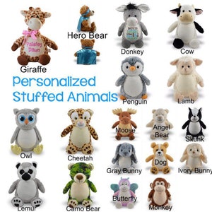 May include: A collection of personalized stuffed animals, including a giraffe, donkey, cow, penguin, lamb, owl, cheetah, moose, angel bear, skunk, lemur, camo bear, gray bunny, butterfly, dog, ivory bunny, and monkey. The text "Personalized Stuffed Animals" is displayed.
