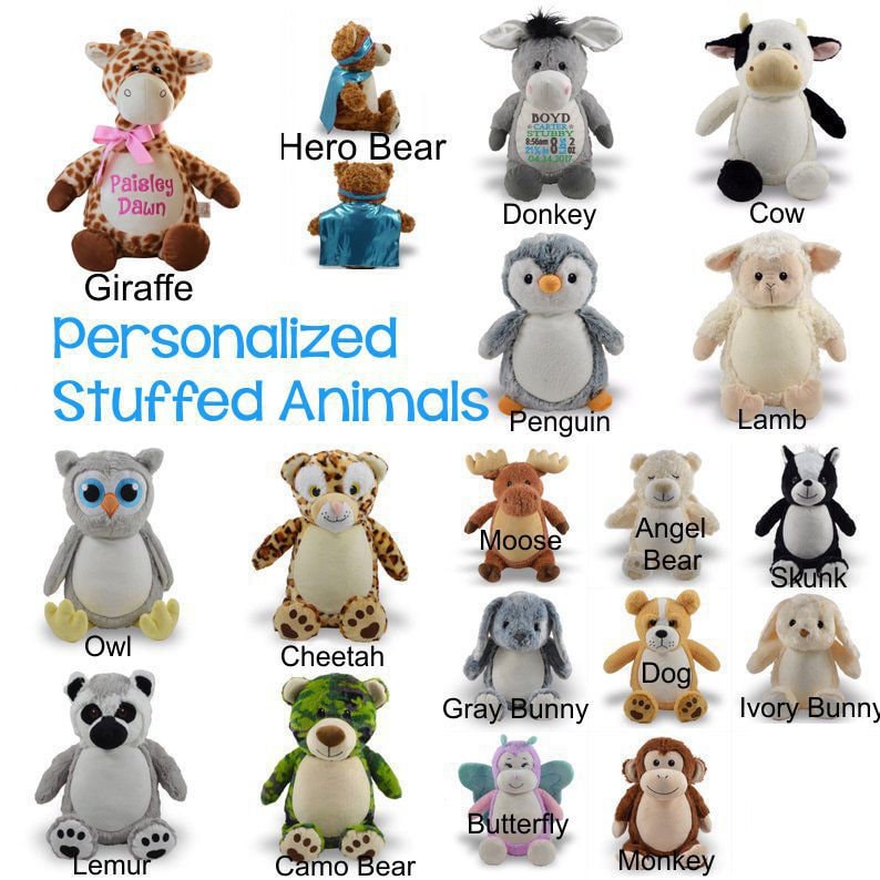 May include: A collection of personalized stuffed animals, including a giraffe, donkey, cow, penguin, lamb, owl, cheetah, moose, angel bear, skunk, lemur, camo bear, gray bunny, butterfly, dog, ivory bunny, and monkey. The text "Personalized Stuffed Animals" is displayed.