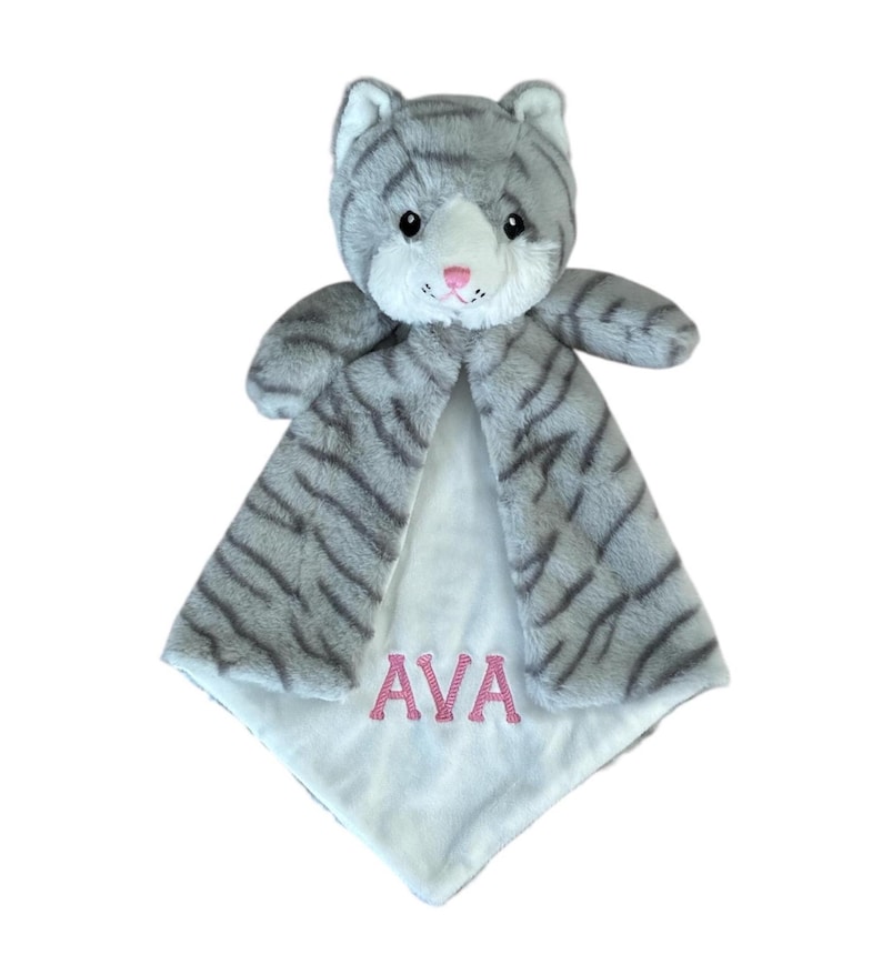 Manta de apego personalizada para bebé, con bordado de animalitos, regalo para baby shower. Kitty Cat