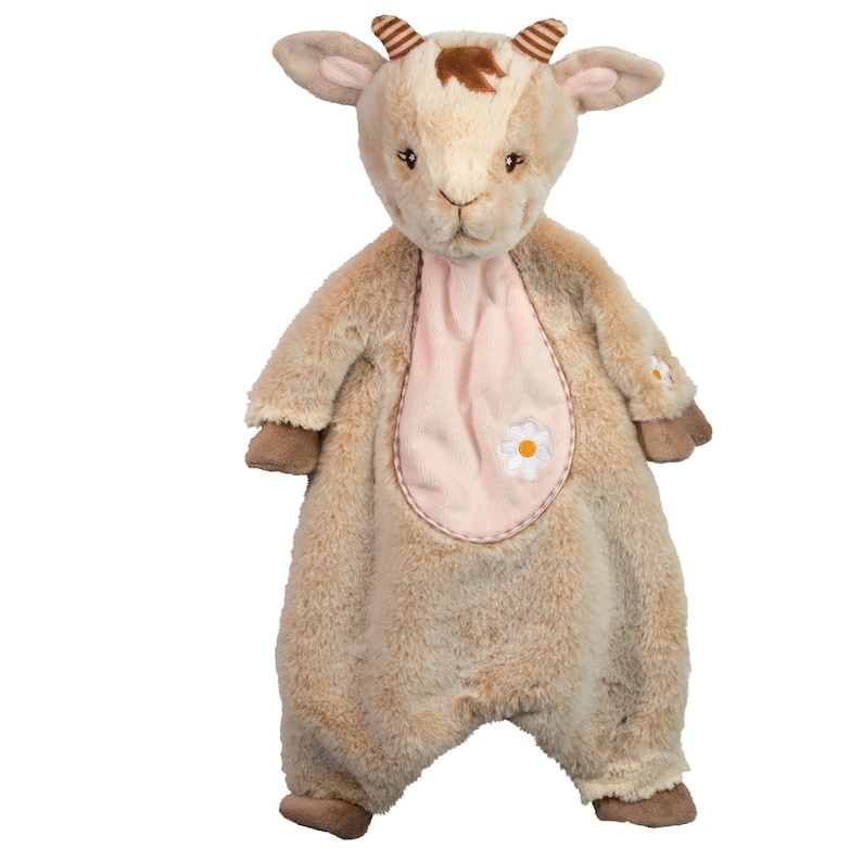 Pu&ograve; includere: Un peluche a forma di capra nei toni del beige e del marrone, con un bavaglino rosa ornato da una margherita. Il giocattolo ha piccole corna e orecchie. &Egrave; progettato per i bambini e ha una consistenza morbida e pelosa.