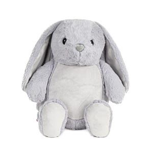 May include: A plush gray bunny rabbit stuffed animal with long floppy ears, a white belly, and white feet. The bunny has black eyes and a small pink nose. The toy is designed for children.