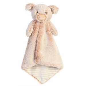 May include: A plush pig-shaped baby security blanket. The pig has a light brown, fluffy body, small ears, and a snout. The blanket portion is a soft, light brown with a striped pattern at the bottom. The toy is designed for infants.