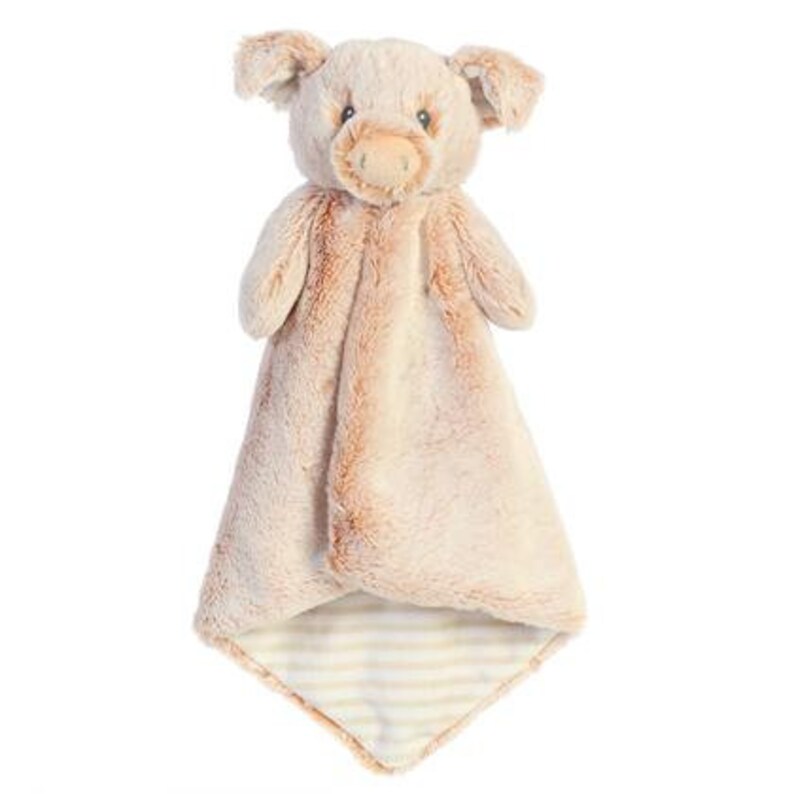 May include: A plush pig-shaped baby security blanket. The pig has a light brown, fluffy body, small ears, and a snout. The blanket portion is a soft, light brown with a striped pattern at the bottom. The toy is designed for infants.