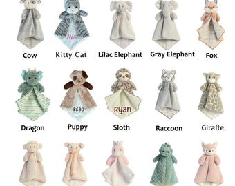 Personalized Baby Lovey Blanket, Embroidered Animal Snuggler, Baby Shower Gift