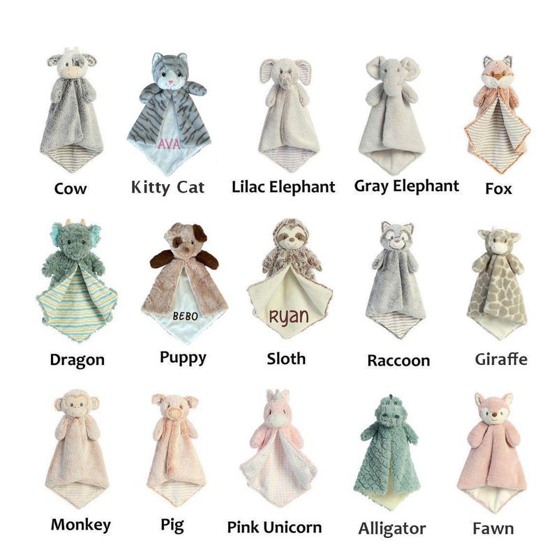 Manta de apego personalizada para bebé, con bordado de animalitos, regalo para baby shower. imagen 1