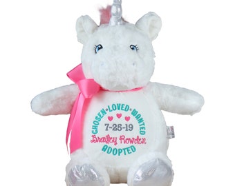 Personalized Adoption Stuffed Animal Gift, Embroidered Unicorn
