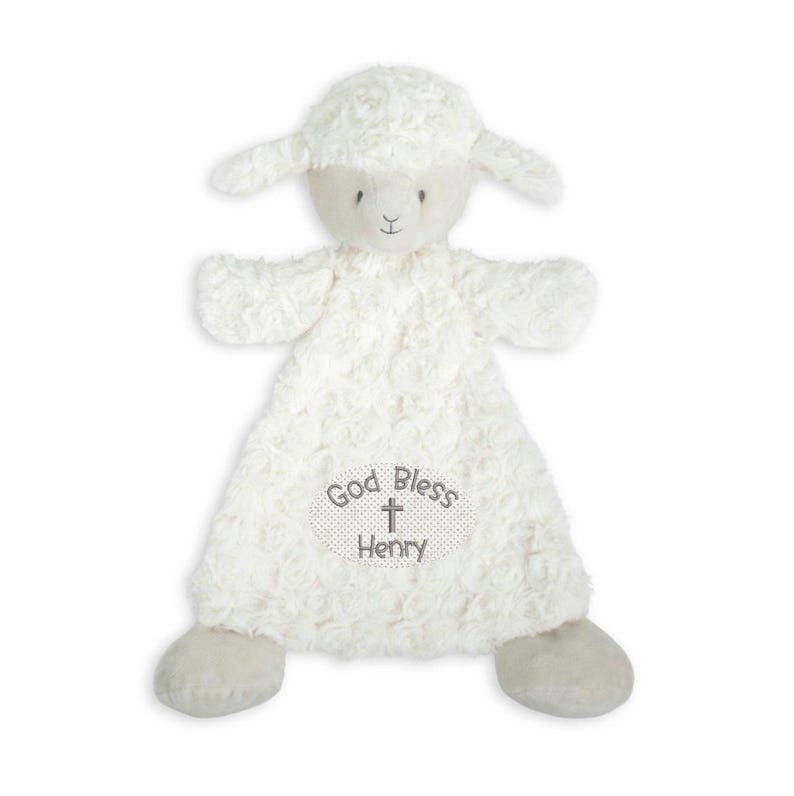Personalized Baptism Lamb Lovey Blanket: Embroidered Name, Rattle - Etsy