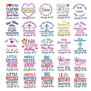 May include: A collection of embroidered designs with names and phrases. Designs include names like "Klarissa", "Sara", and "Isabella", along with phrases such as "God Bless" and "First Communion". Each design is numbered, offering a variety of personalized options.