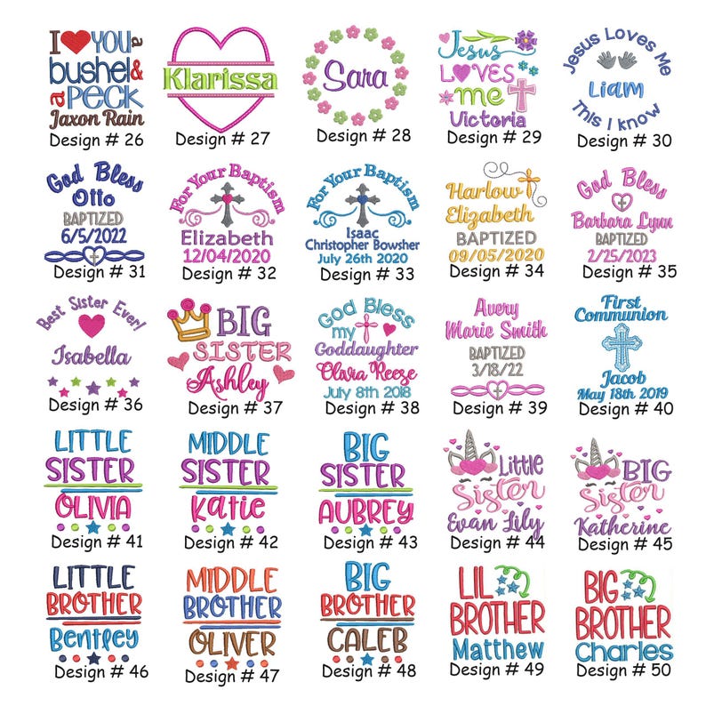 May include: A collection of embroidered designs with names and phrases. Designs include names like "Klarissa", "Sara", and "Isabella", along with phrases such as "God Bless" and "First Communion". Each design is numbered, offering a variety of personalized options.