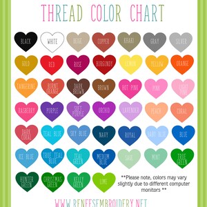 May include: A thread color chart featuring a variety of colors displayed in heart shapes. The chart includes colors like black, white, red, and blue, with the text "THREAD COLOR CHART" at the top. The website address is at the bottom.