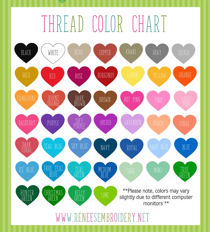 May include: A thread color chart featuring a variety of colors displayed in heart shapes. The chart includes colors like black, white, red, and blue, with the text "THREAD COLOR CHART" at the top. The website address is at the bottom.