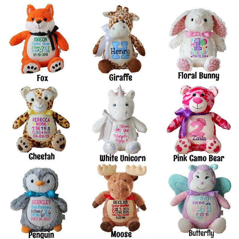 May include: Collection of personalized stuffed animals, including a fox, giraffe, bunny, cheetah, unicorn, bear, penguin, moose, and butterfly. Each plush toy features embroidered details and text.