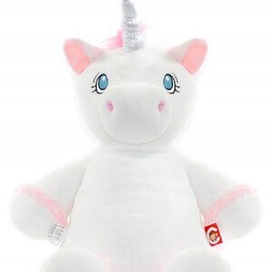 May include: A plush white unicorn stuffed animal with a silver horn, pink accents on the ears and hooves, and blue eyes. The unicorn has a soft, cuddly appearance, perfect for children. A red tag with a cartoon character is attached to the unicorn's leg.
