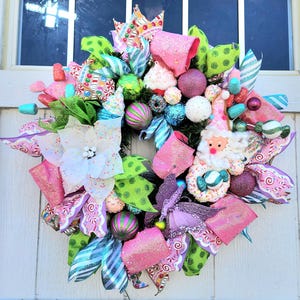 Whimsical Pink Green Purple & Blue Candyland Wreath, Whimsical Christmas, Candy Wreath