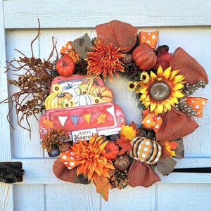 Rustic Pumpkin Truck Fall Wreath - Harvest Home Decoration, Sunflower Wreath, Red Truck, Burlap Wreath