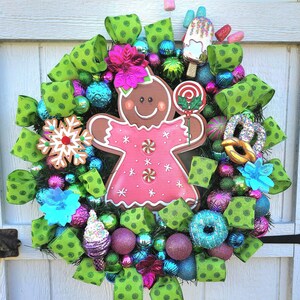 Bright Festive Candyland Wreath - Christmas Decor with Gingerbread Girl, Food Wreath, Candy Wreath