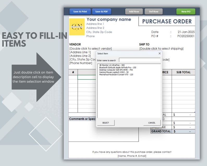 Automated Excel Purchase Order Template: Save, Print, and Edit ...