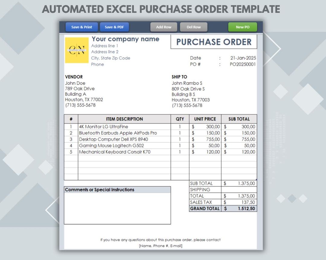 Purchase Order Using Excel Automated Excel Purchase Order Template: Save, Print, and Edit ...