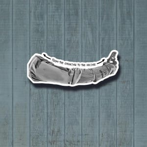Op de afbeelding: Zwart-witte illustratie van een arm die een gereedschap vasthoudt. De tekst "From the shoulder to the holder" staat boven de arm.