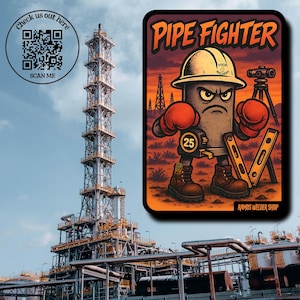 以下が含まれることがあります： 「PIPE FIGHTER」と書かれた、ヘルメットとボクシンググローブを身に着けたパイプキャラクターの漫画イラスト。キャラクターは巻尺を持ち、背景には水平器と三脚があります。画像には「RAMOS WELDER SHOP」というテキストが含まれています。