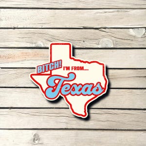 May include: A red and white outline of the state of Texas with the text "BITCH! I'M FROM... Texas" in blue and red lettering.