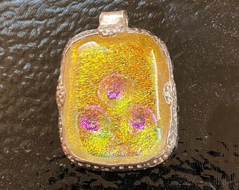 Transparent Dichroic Glass Pendant in Fine Silver, Yellow, Pink and Blue Little Flowers. One of a Kind!