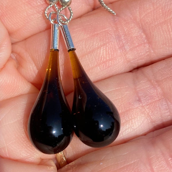 Recycled Brown Beer Bottle Glass Drop Dangle Earrings, with Sterling Silver Findings. Free Shipping!