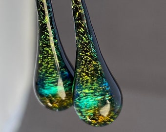 Dichroic Glass Drop Earrings, Yellow and Blue makes Green.