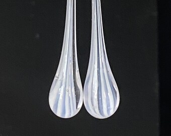 White Pinstripes, Skinny, Bubbly Glass and Sterling Silver Teardrop Shaped Earrings. Free US Shipping in a Little Giftbox.