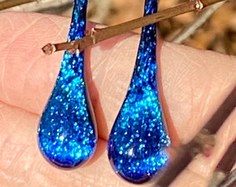 Gold filled findings on Dichroic Glass Drop Earrings, Light Blue Morphing to Dark Blue.