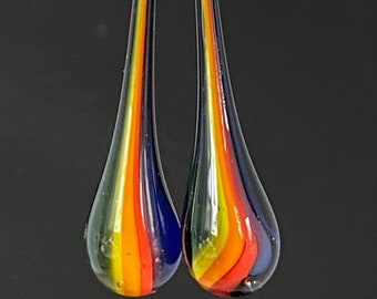 Rainbow on Black Glass Tear-Drop Shaped  Earrings. Sterling Silver Findings. Shipping is Free in the US.