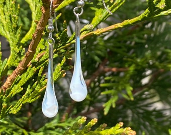 Milky White and Clear Glass Swirl Dangle Tear-Drop Shaped Earrings! Sterling Silver and Free Shipping.