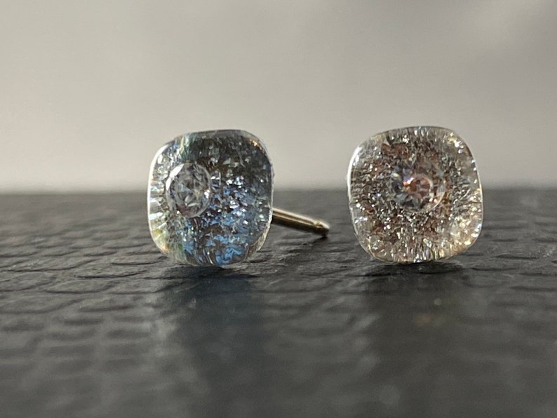 Dichroic glass and cubic zirconia fused post earrings with Sterling Silver posts. image 1