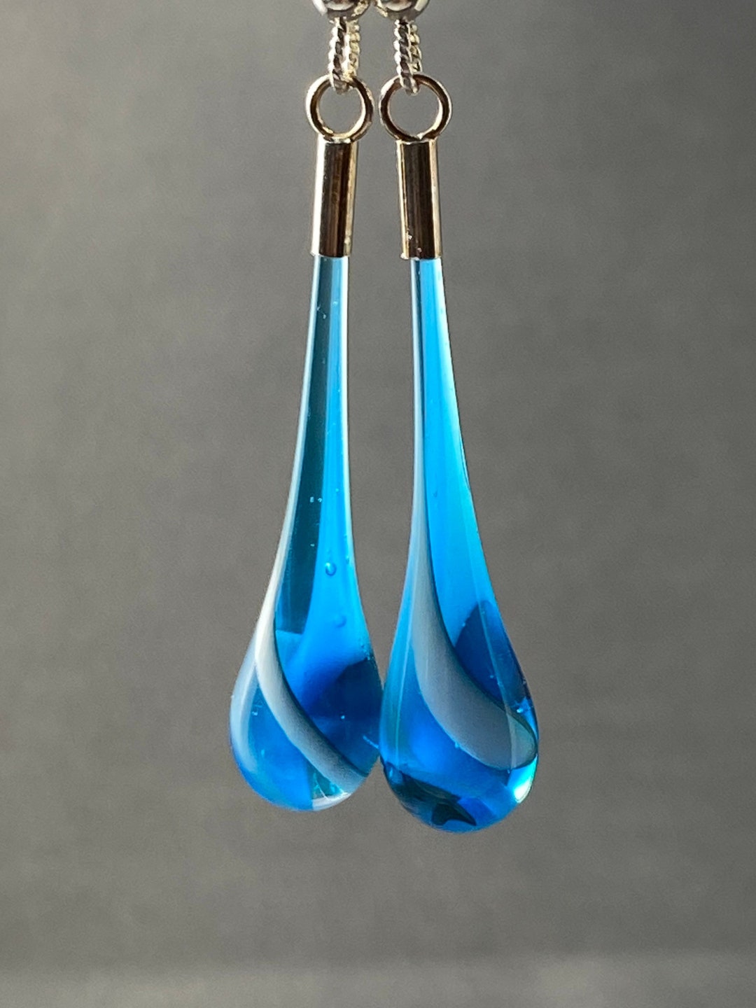 Silver and Glass Dangle Drop Earrings, Turquoise Swirls. Etsy