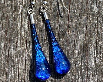 Blue Dangle Sparkling Dichroic Tear Drop Shape Glass Earrings. Sterling Silver Findings. Free Shipping in Gift Box.