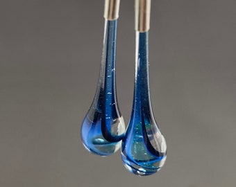 Light and Dark Blue Swirls Glass Drop Earrings. Glass and Sterling Silver. Free Shipping.
