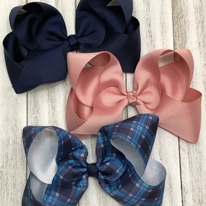 School Uniform Navy Blue Plaid Hair Bows, Back To School, Hair Clip,  Kindergarten, First Grade, Girls Hair Bow, Bow Set