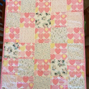Pink and white hearts floral reversible handmade baby toddler lap throw quilt blanket patchwork