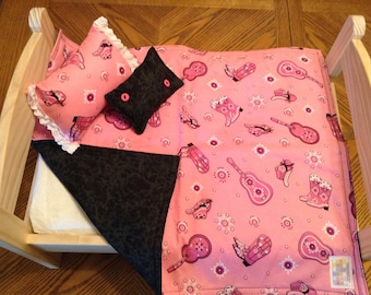 Cowgirl Doll Blanket Quilt: Pink Guitars, Boots, Hats - Reversible with Pillows