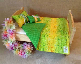 Handmade Island Floral Doll Quilt: 18 Inch Doll Blanket with Pillows