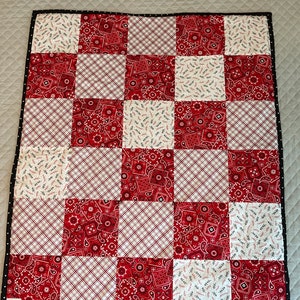 Red white and black reversible handmade baby toddler lap throw quilt blanket patchwork