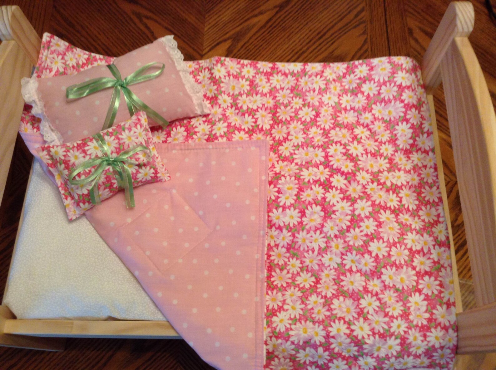 American Girl type doll quilt/blanket with white flowers on a Etsy