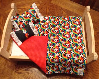 Handmade Soccer Ball Doll Quilt with Ruffle Pillows - 18" American Girl Size