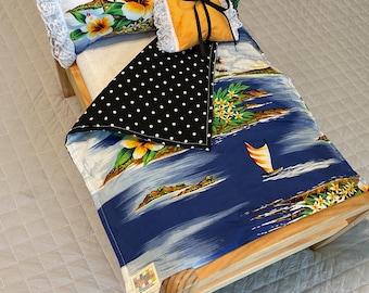 Handmade Hawaiian Quilted Doll Blanket with Pillows: 18-inch Doll Bedding