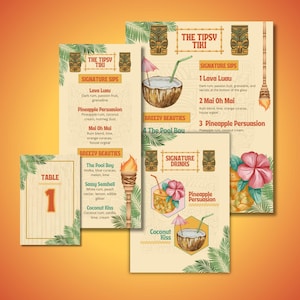 Retro Tiki Bar Party Bundle: Editable Cocktail Menu, Drink Sign, Table Numbers (Canva Pro)
