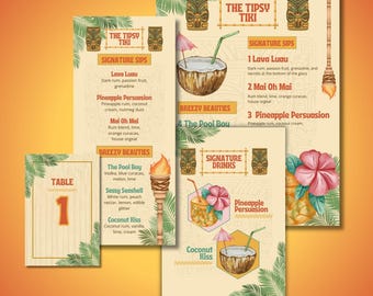 Retro Tiki Bar Party Bundle: Editable Cocktail Menu, Drink Sign, Table Numbers (Canva Pro)