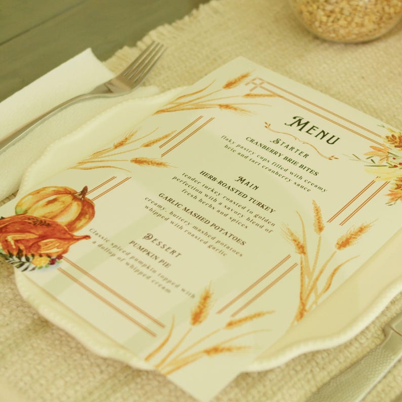 Thanksgiving Dinner Menu Template Canva Fall Harvest Feast Printable