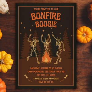 Retro Halloween-brasinbjudan: Dansande skelett Canva Pro-mall