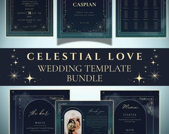 Celestial Starry Night Wedding Invitation Suite | Editable Navy Gold 7-Piece Canva Template Bundle